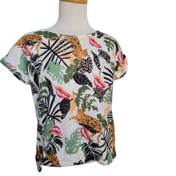 Cache Y2K Tropical Rainforest Flora& Jaguar Sweater Top MD Artsy Farm Rio Vibe - Picture 1 of 16